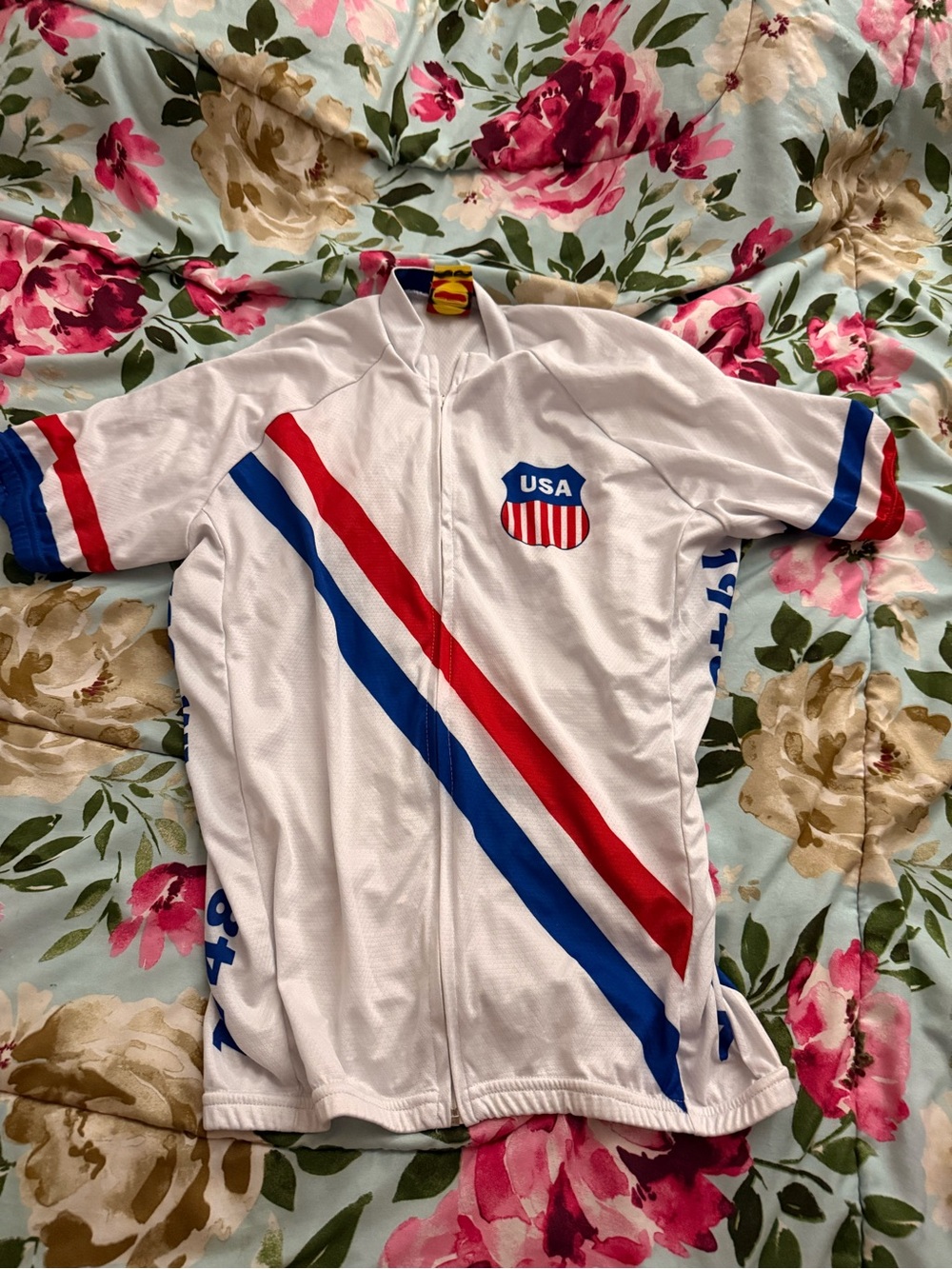 Men's White USA Cycling Jersey with Red & Blue Diagonal Stripes